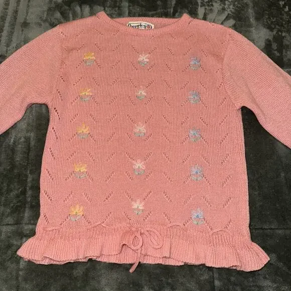 VTG Berries Sweater Women's Large Pink Floral Embroidered Acrylic Peplum Hem - Picture 10 of 10